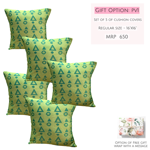 Set of 5 Cushion Covers Chanderi Green Pyramid