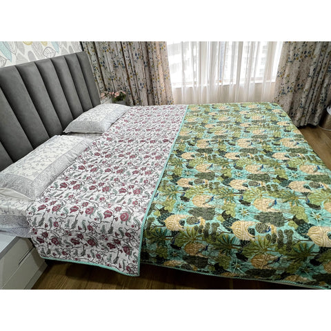 Handblock Printed Quilted Bedcover - Palace Garden