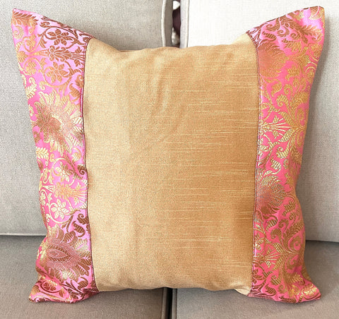 Salmon Pink Banarasi Trim Cushion Cover