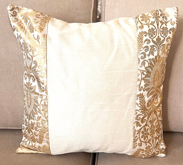 White Banarasi Trim Cushion Cover