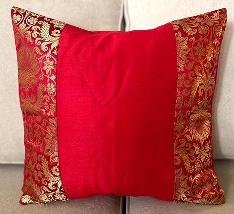 Red Banarasi Trim Cushion Cover