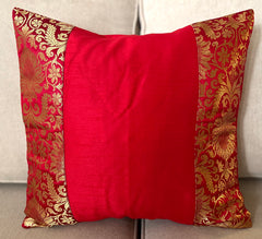 Red Banarasi Trim Cushion Cover