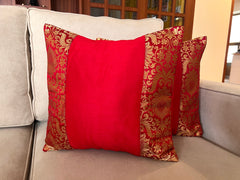 Red Banarasi Trim Cushion Cover