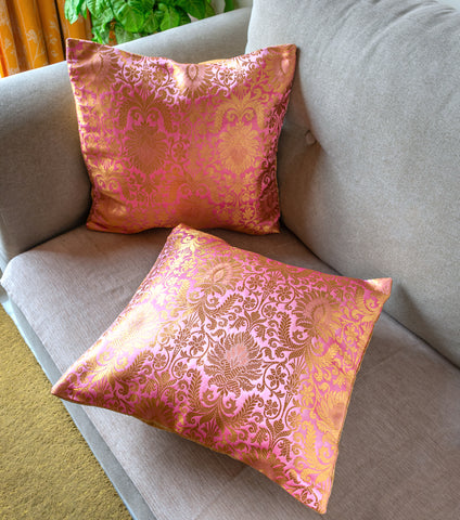 Salmon Pink Banarasi Cushion Cover