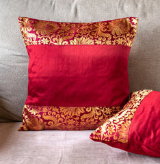 Maroon Banarasi Trim Cushion Cover