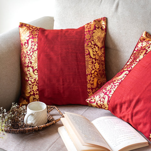 Maroon Banarasi Trim Cushion Cover