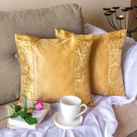 Golden Banarasi Trim Cushion Cover
