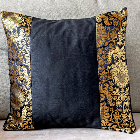Black Banarasi Trim Cushion Cover
