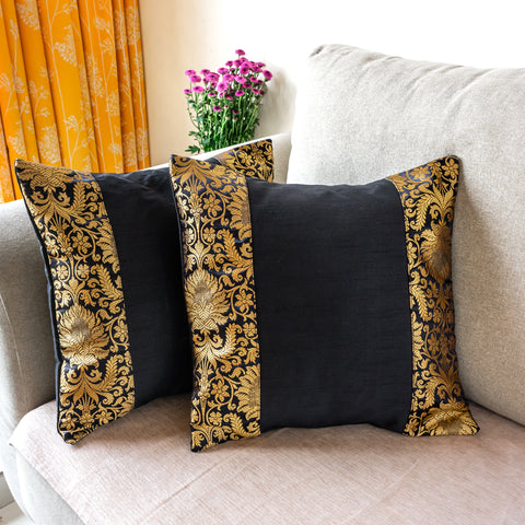 Black Banarasi Trim Cushion Cover