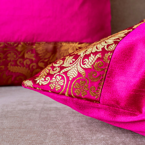 Pink Banarasi Trim Cushion Cover