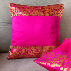 Pink Banarasi Trim Cushion Cover