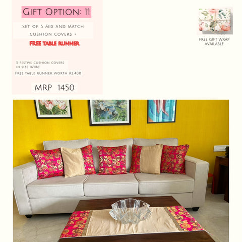 Set of Gold Pink Oriental Cushion Covers + FREE Runner