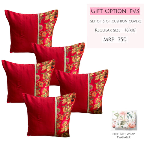 Set of 5 Silk Red with Half Brocade Cushion Covers