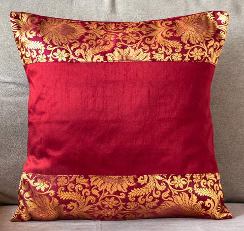 Maroon Banarasi Trim Cushion Cover