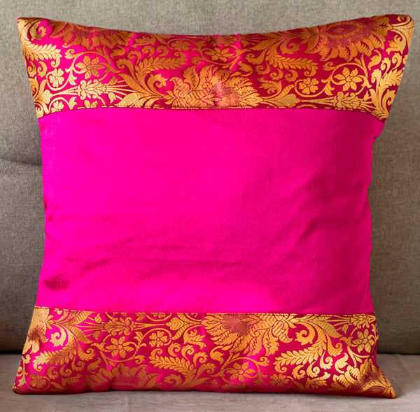 Pink Banarasi Trim Cushion Cover