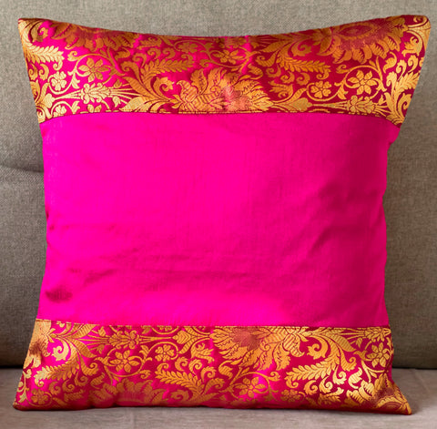 Pink Banarasi Trim Cushion Cover
