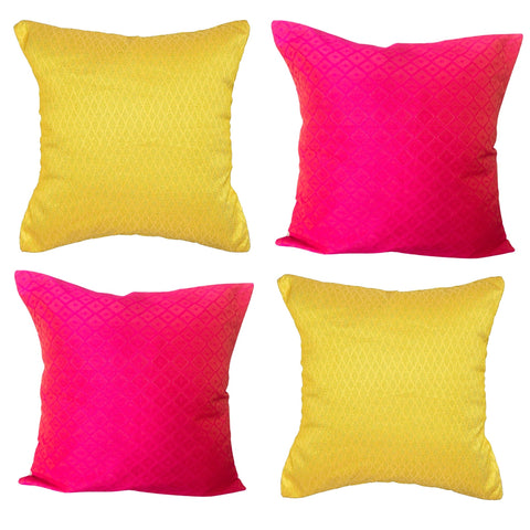 Set of 4: Imprints Self Design Rose Pink and Lemon Yellow Cushion Covers