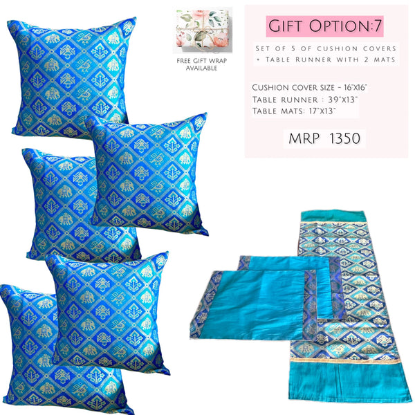 Cushion Cover and Runner Mats Set - Blue Patola