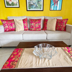 Set of Gold Pink Oriental Cushion Covers + FREE Runner