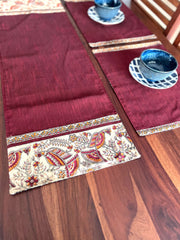 Madhubani Maroon Panchi- Table Runner with 2 Mats