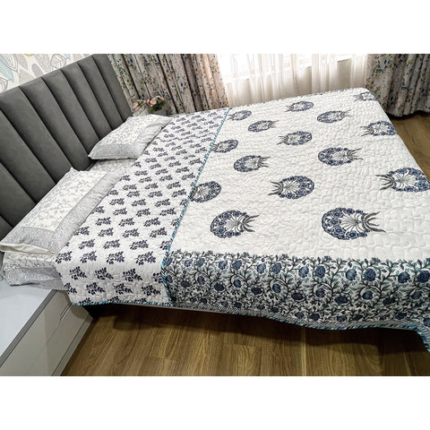 Handblock Printed Quilted Bedcover - Blue Bouquet