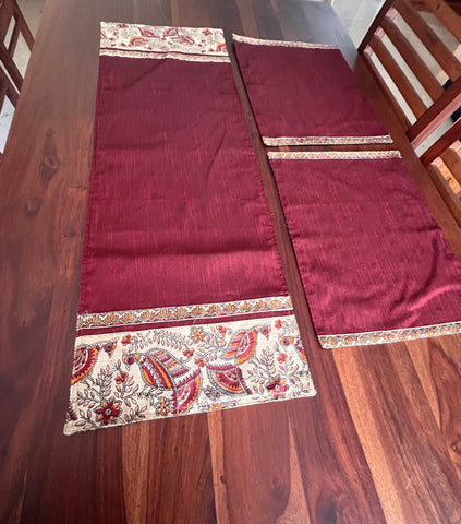 Madhubani Maroon Panchi- Table Runner with 2 Mats