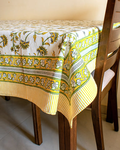 Yellow Olive Floral Handblock Printed Tablecloth