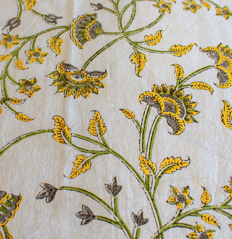 Yellow Olive Floral Handblock Printed Tablecloth