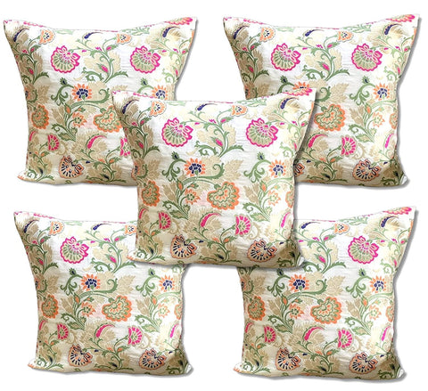 Brocade Silk Cushion Covers Set of 5 Cream Off White with Multicolored Floral Design - Pilovilo
