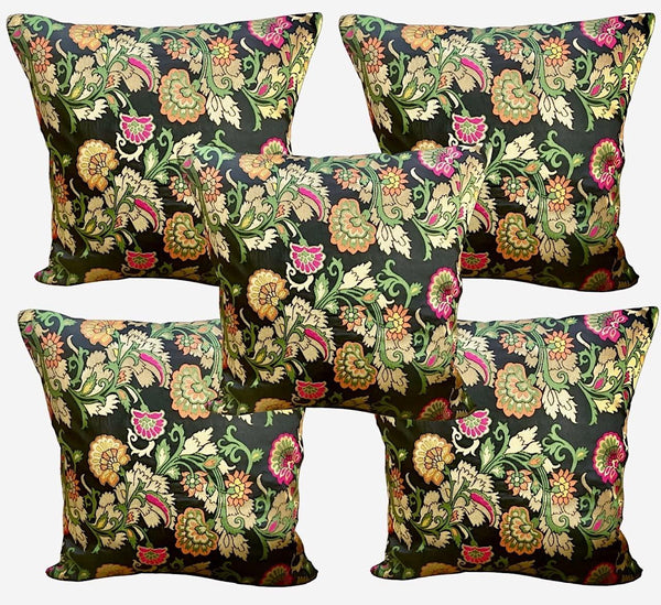Brocade Silk Cushion Covers Set of 5 Black with Multicolored Floral Design - Pilovilo