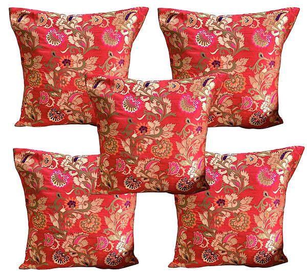 Brocade Silk Cushion Covers Set of 5 Red with Multicolored Floral Design