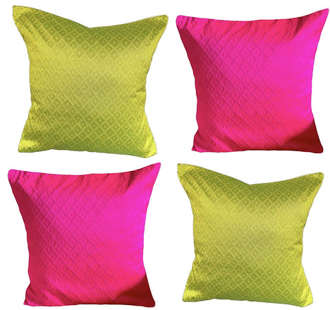 Cushion Cover Silk Size Self Design Solid Plain Pink Green Pack of 4
