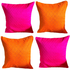 Silk Cushion Cover Pack of 4 Self Design Solid Pink Orange