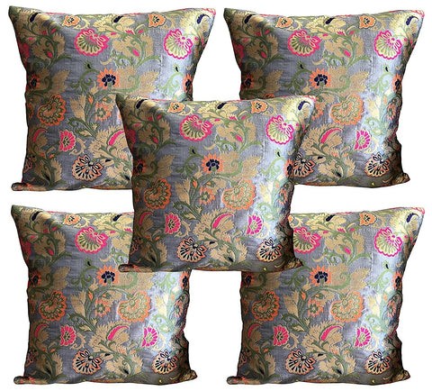 Brocade Silk Cushion Covers Set of 5 Grey with Multicolored Floral Design - Pilovilo