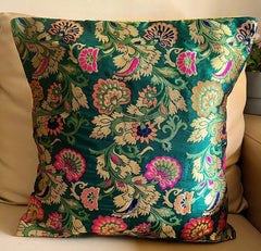 Brocade Silk Cushion Covers Set of 5 Green with Multicolored Floral Design - Pilovilo