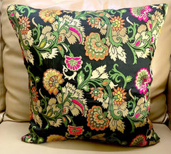 Brocade Silk Cushion Covers Set of 5 Black with Multicolored Floral Design - Pilovilo