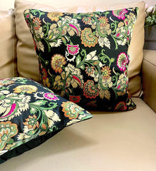 Brocade Silk Cushion Covers Set of 5 Black with Multicolored Floral Design - Pilovilo