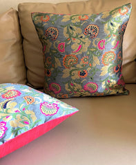 Brocade Silk Cushion Covers Set of 5 Grey with Multicolored Floral Design - Pilovilo