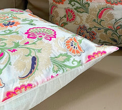 Brocade Silk Cushion Covers Set of 5 Cream Off White with Multicolored Floral Design - Pilovilo