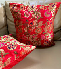Brocade Silk Cushion Covers Set of 5 Red with Multicolored Floral Design