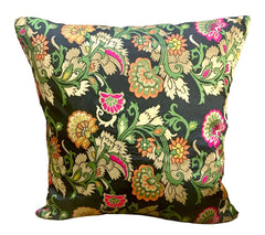 Brocade Silk Cushion Covers Set of 5 Black with Multicolored Floral Design - Pilovilo