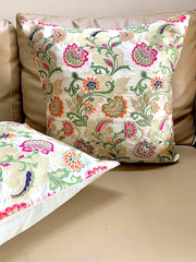 Brocade Silk Cushion Covers Set of 5 Cream Off White with Multicolored Floral Design - Pilovilo