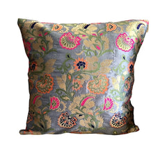 Brocade Silk Cushion Covers Set of 5 Grey with Multicolored Floral Design - Pilovilo