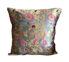 Brocade Silk Cushion Covers Set of 5 Grey with Multicolored Floral Design - Pilovilo