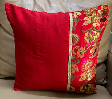 Cushion Cover Silk Red with Half Brocade