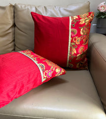 Cushion Cover Silk Red with Half Brocade
