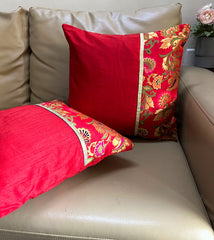 SET OF 5: Cushion Cover Silk Red with Half Brocade