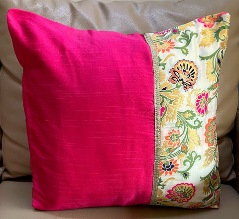 SET OF 5: Cushion Cover Silk Pink with Half White Brocade