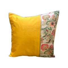 Cushion Cover Silk Yellow Oriental with Half Cream Brocade