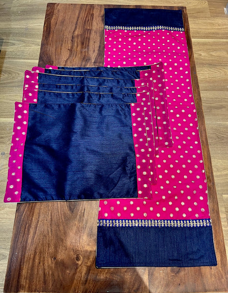 Pink Polka with Navy - Table Runner with 6 Mats